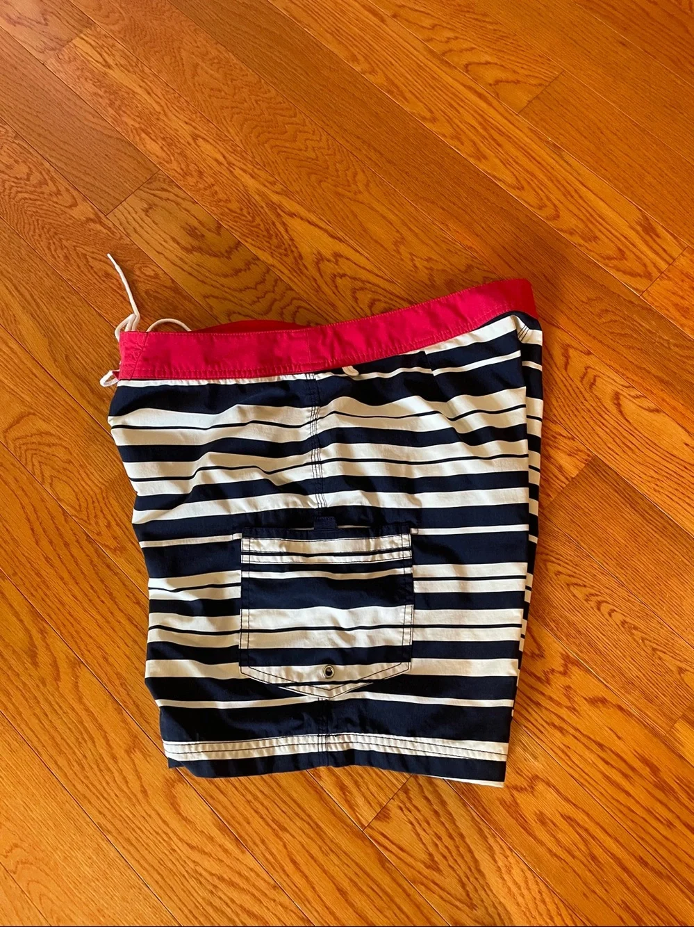 J. Crew Navy and White Striped Swim Trunks with‎ Red Waistband